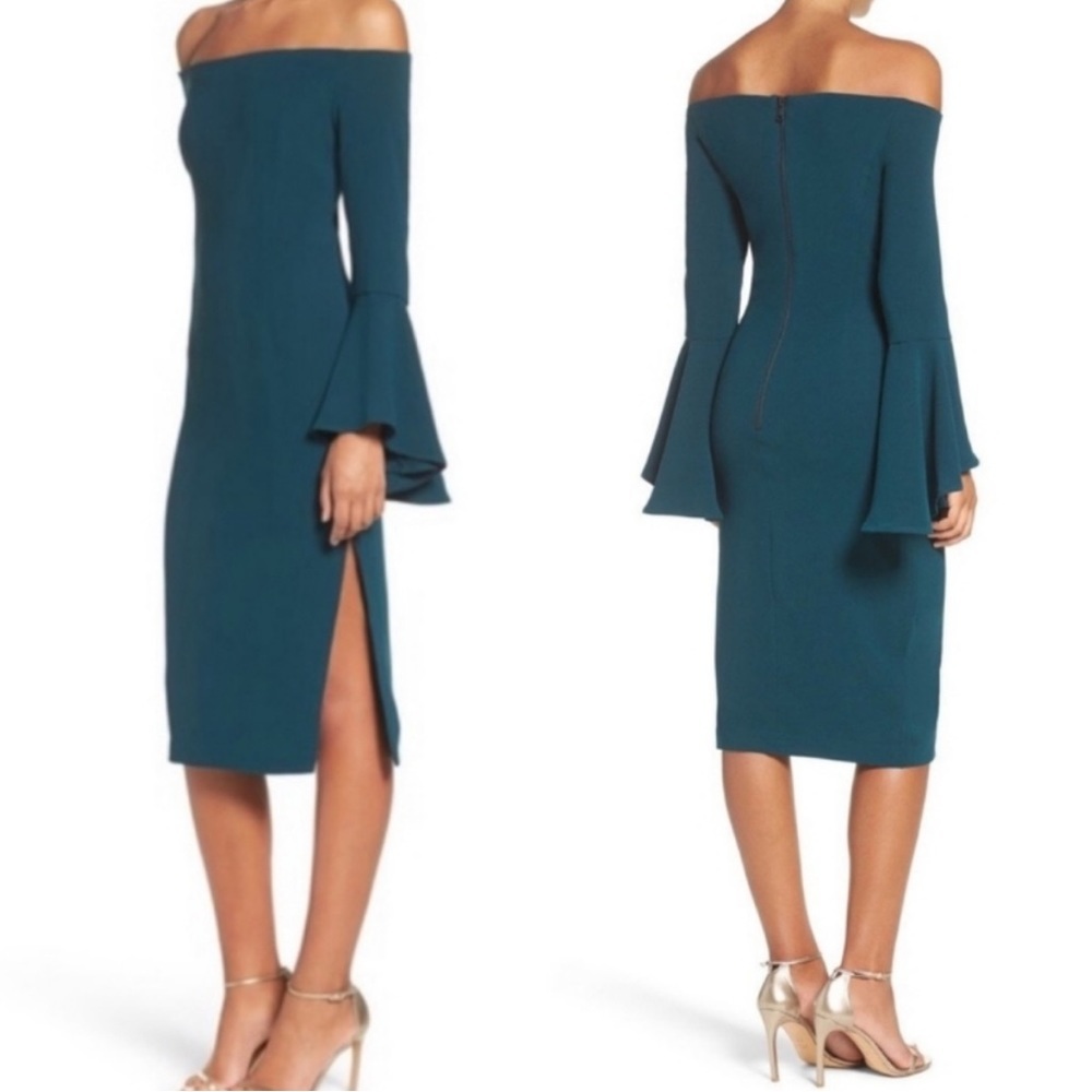 Bardot Teal Solange Bell Sleeve Off the Shoulder Dress Size 10 NWT